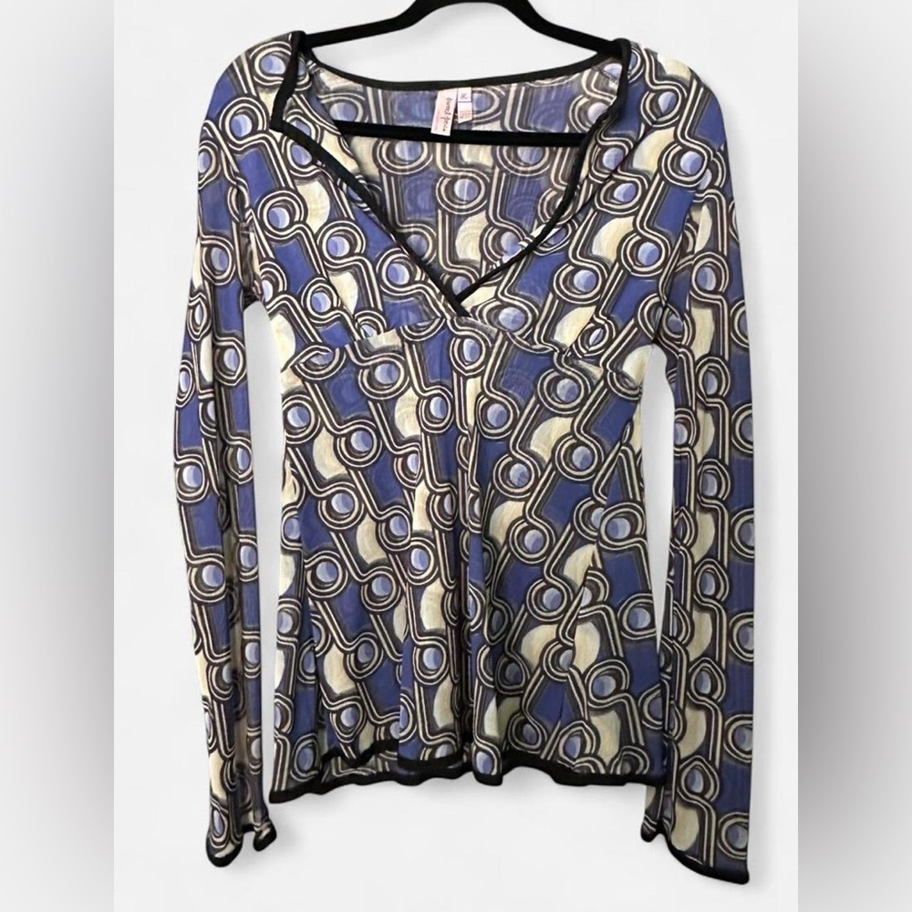 Sweet Pea by  Stacy Troth blue & white sheer top with black trim. Size L